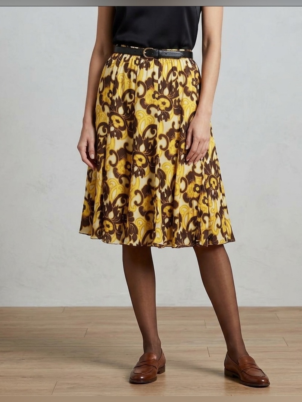 Rafael Essential Full Midi Skirt XL Crinkle Floral Summer Elastic Waist yellow